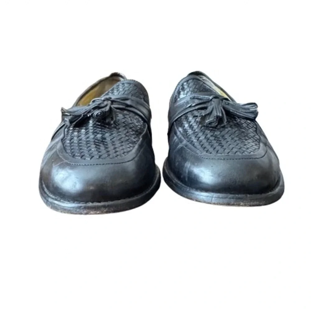 Johnston & Murphy 10.5 Black Leather Woven Tassel Loafer Shoes Mens Preppy - Picture 3 of 10